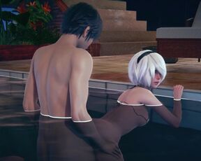 2B gets fucked doggystyle in the pool