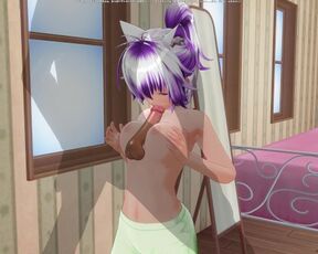 3D HENTAI Girlfriend in green pajamas rubs cock with boobs and sucks it