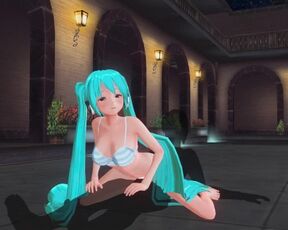 3D HENTAI Miku in a swimsuit rides a dick near the pool