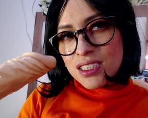 Velma from Scooby Doo destroys his throat with huge cock