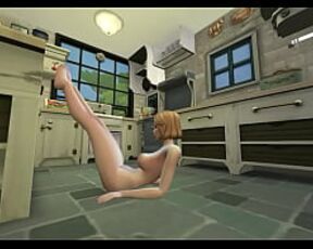 Horny girl touches herself in the kitchen